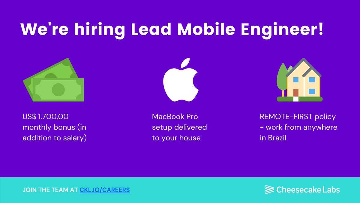 CheesecakeLabs's tweet photo. We're looking for a new Lead Mobile Engineer!

💰 US$ 1.700,00 monthly bonus (in addition to salary)
💻 MacBook Pro
👩🏽‍💻 Remote-first policy
🇺🇸 Free English Classes

Join us: https://t.co/MpqX74Uha3

#developerlife #mobileengineer #developerjobs #womenintech #mobiledevelopment https://t.co/buyVjIyYFo