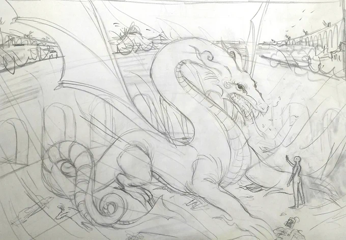 Sketch vs final 
Dany and Drogon in the fighting pits of Meereen. 