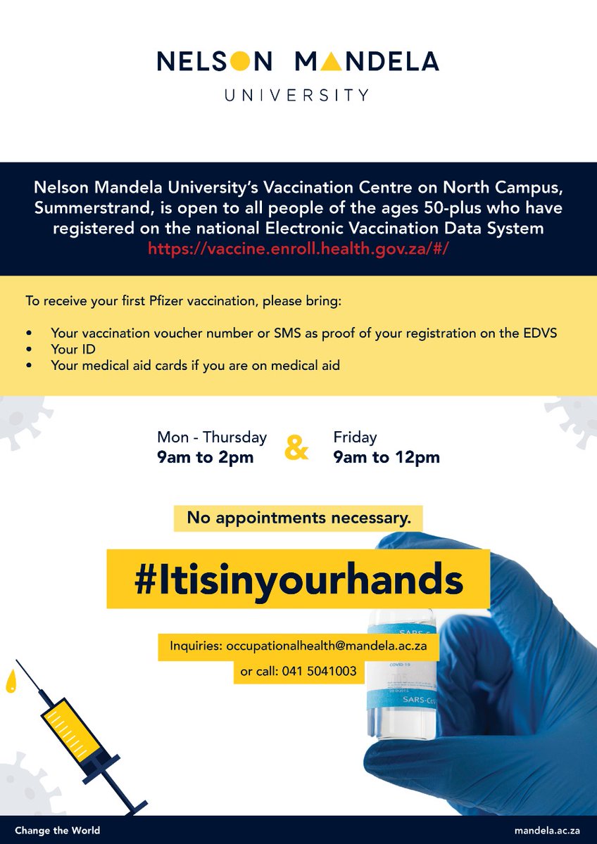 Vaccination Hub - Open to anyone who presently qualifies and is registered.

Kindly note Nelson Mandela University's vaccination Hub is open Monday to Thursday 9am to 2pm and Friday 9am to 12pm.