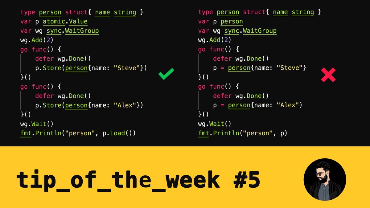steevehook's tweet image. The atomic.Value type is the best of both worlds: blazing fast and less cumbersome compared to other sync types.

💻 Playgrounds:
play.golang.org/p/JJHVCFlFEH1
play.golang.org/p/Ba9ZdrH2A4u

#tip_of_the_week #golang #steevehook