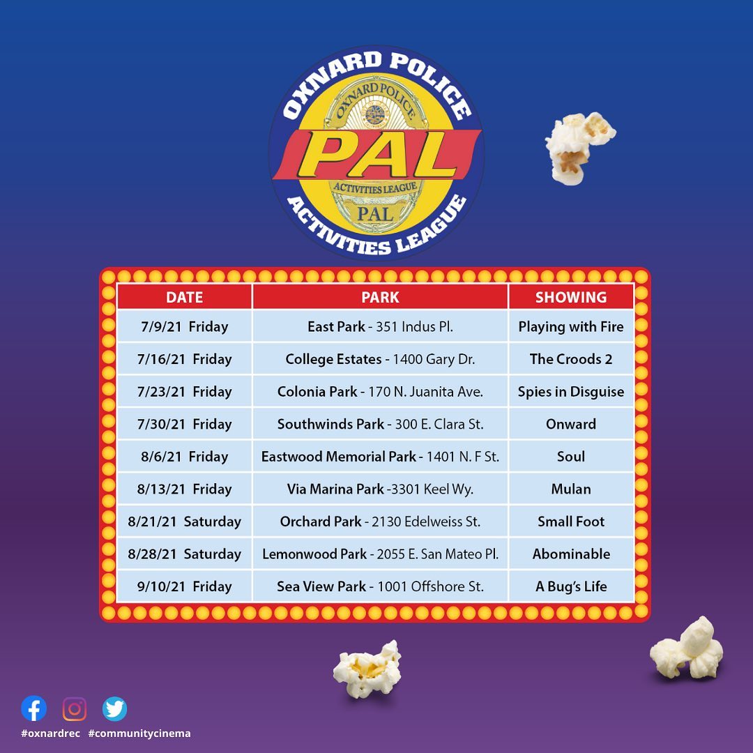 oxnardrec's tweet photo. Summer is here and Community Cinema is BACK!
We kick off tomorrow night at East Park! Bring a blanket and your family for a cozy evening outside. See the rest of our schedule and when we’ll be closer to your neighborhood below. 
Visit https://t.co/TlqI6BItka for more information. https://t.co/Mo7x7yPp48