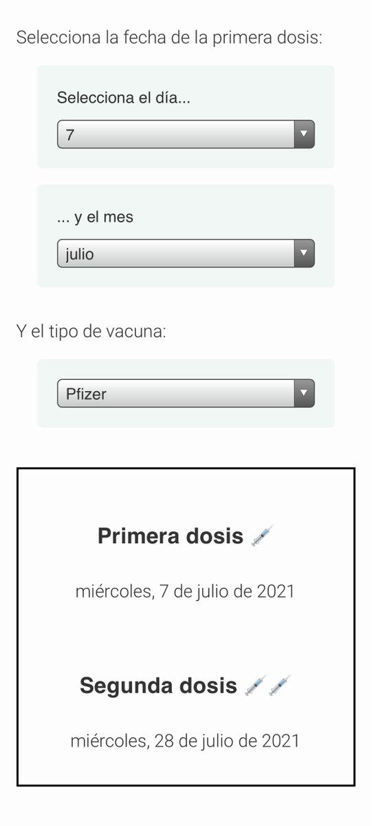 adrimaqueda's tweet photo. Como se acerca el momento de pedir cita para la vacunación y las vacaciones he hecho una cosa rapidita que quizás os interesa: 

Una calculadora para saber cuándo te tocaría la segunda dosis y que no te fastidie las vacaciones 👇🏻

https://t.co/DoEhjxVtH7 https://t.co/zroTpOSm1J