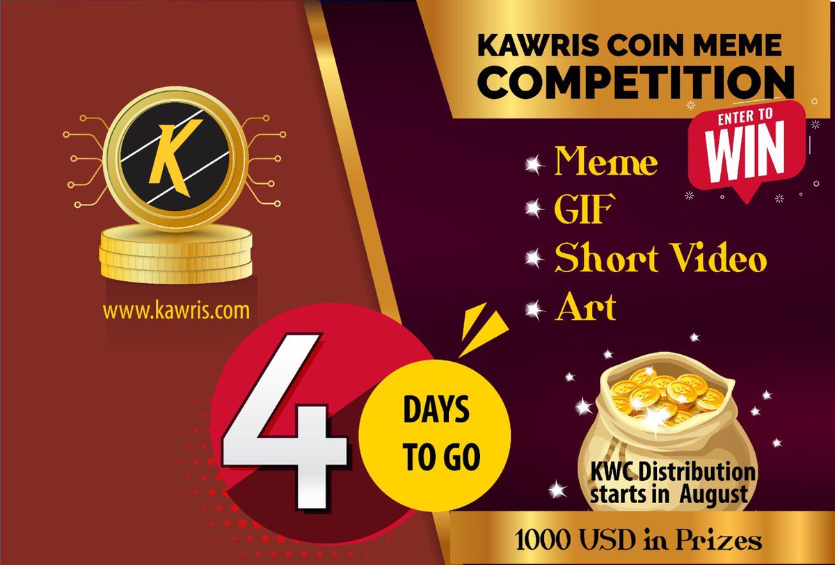 KawrisCoin's tweet photo. Kawris presents the #Kawris Meme Competition starting in 4 days 😃😃😃😃
Winners will share $1000 prize 🏆 https://t.co/CAxn2TrgsW