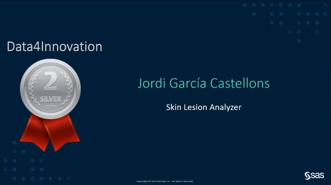 sas_portugal's tweet image. 🥈📢 Na categoria #Data4Innovation, o prémio Silver foi para... Jordi García Castellons! Parabéns pelo seu projeto de análise de lesões cutâneas! 🥳 @DSPA_INSIGHTS
