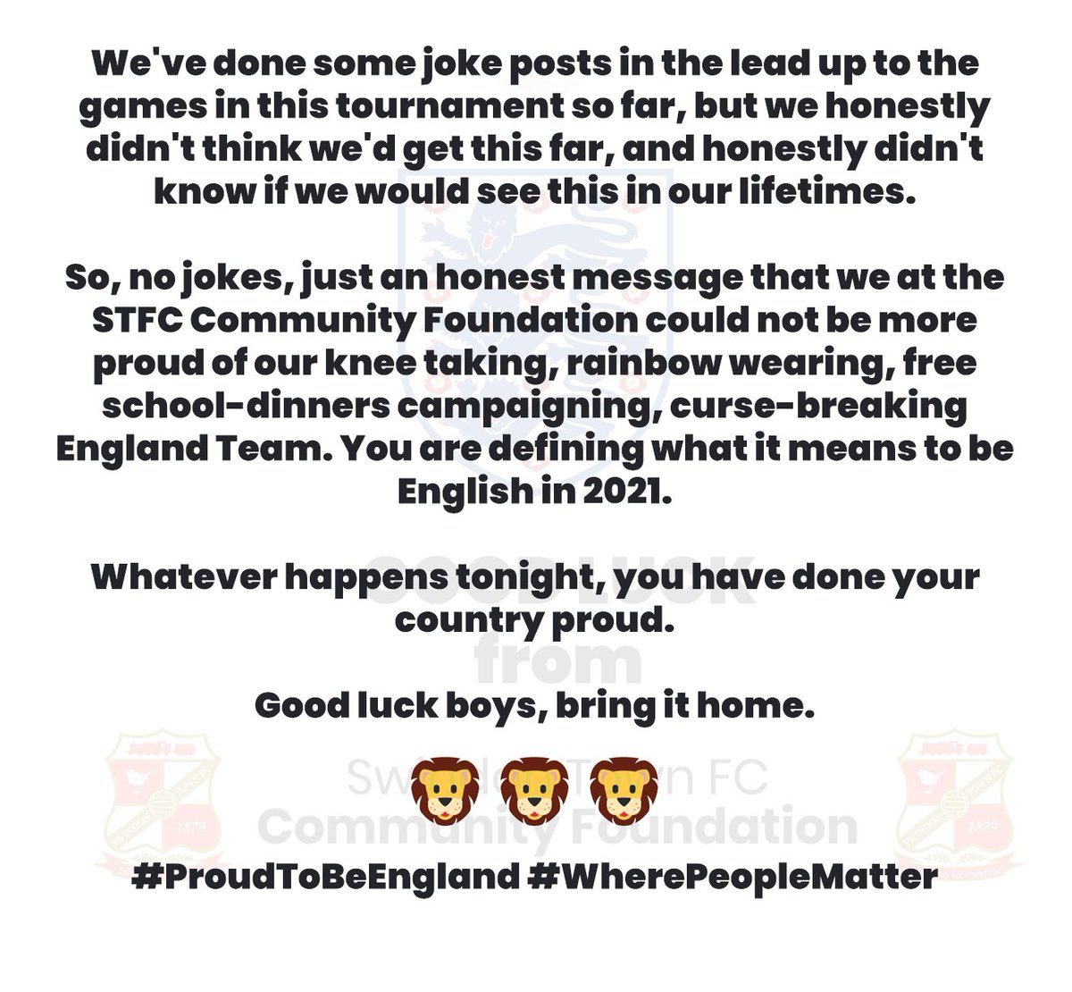 GOOD LUCK ENGLAND

🦁🦁🦁

#ProudToBeEngland #WherePeopleMatter