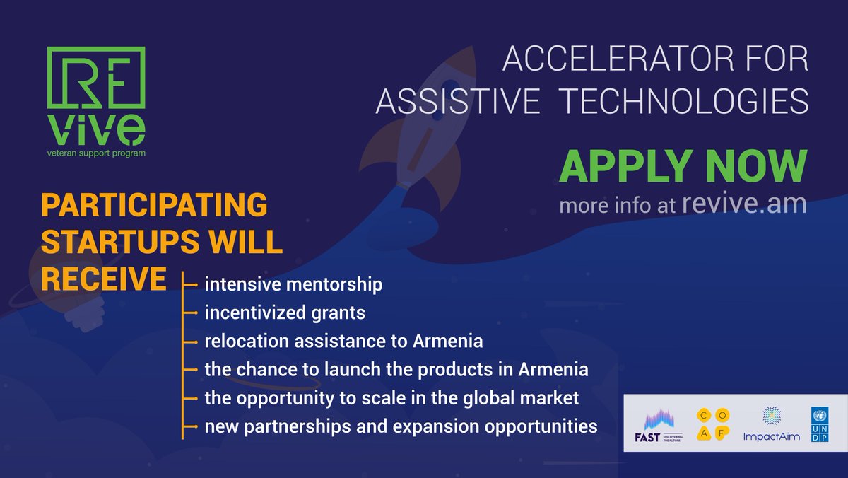 Revive #DeepTech Accelerator is looking for growth-stage #startups that have a scalable solution in #assistivetechnologies. 
Hurry up to apply!➡ revive.am/apply
Find out more about the program➡ revive.am

<a href="/UNDPArmenia/">UNDP in Armenia</a> <a href="/Foundation_FAST/">Foundation for Armenian Science and Technology</a> <a href="/coafkids/">Children of Armenia Fund</a>