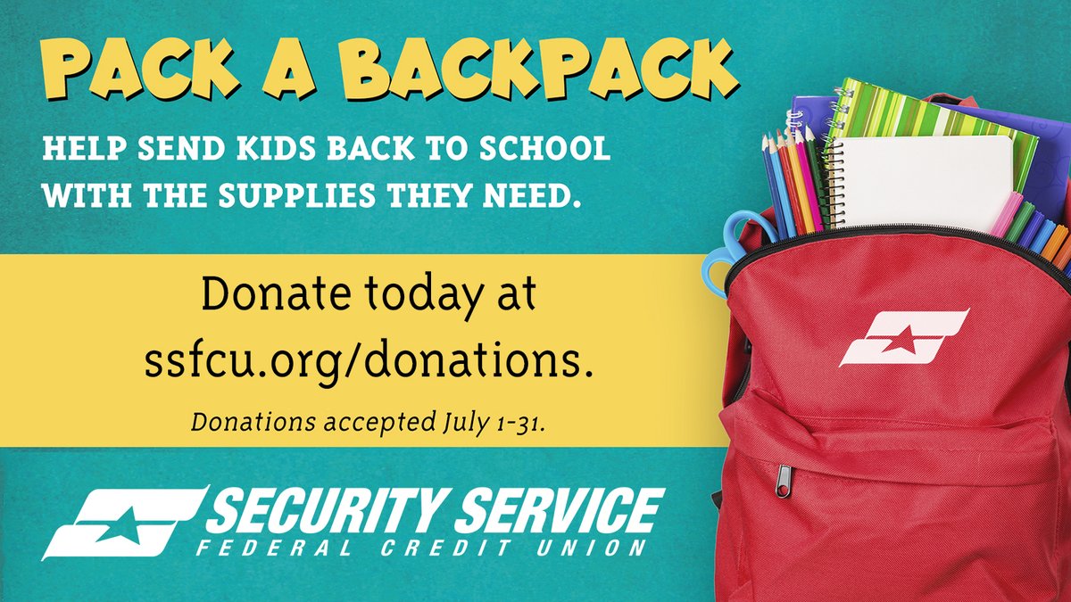 SSFCU's tweet photo. Don’t forget to donate today! Donate now through July 31 at any #SSFCU branch or online at https://t.co/RuJtmQKftj to help provide students with school supplies for the upcoming year. #PackABackpack https://t.co/LHFsxIR4Mk