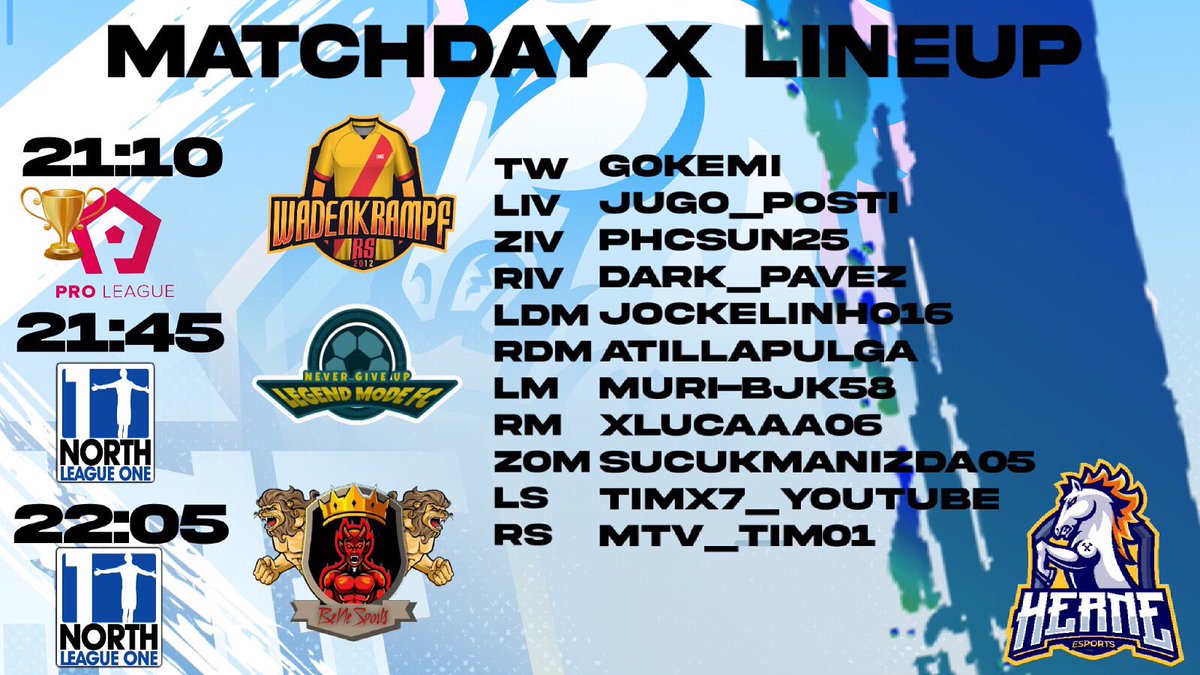 🟡🔵#matchday🔵🟡
<a href="/OfficialVPG/">Virtual Pro Gaming</a> 

🏆ProLeague Cup
🆚Wadenkrampf RS
⏰21:10
m.twitch.tv/herneesport

🏆VPG EU L1 North
🆚Legendary Mode CF
⏰21:45
m.twitch.tv/herneesport

🏆VPG EU L1 North
🆚Benesports
⏰22:05
m.twitch.tv/herneesport

Auf geht’s Herne💛💙

#herne
#aufgehtsherne