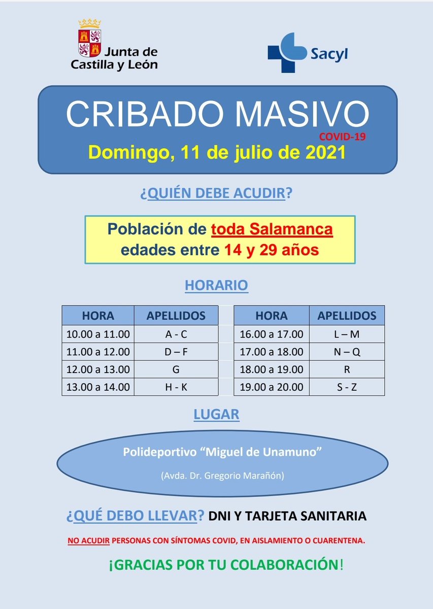 La Gerencia de Atención Primaria ha convocado este domingo 11 de julio un cribado masivo dirigido a jóvenes de 14 a 29 años de la provincia de Salamanca. Las pruebas se realizarán entre las 10:00 y las 20:00 horas en el polideportivo Miguel de Unamuno.