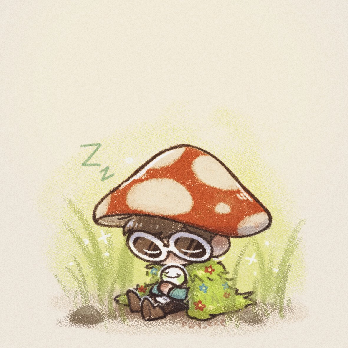 1boy sleeping male focus zzz glasses grass sitting  illustration images