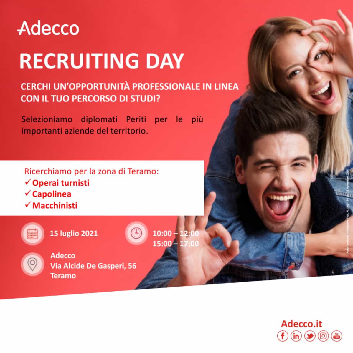 Lucazama's tweet photo. Ti sei diplomato/a da poco e vuoi avere un'occasione di incontro per orientarti nel mondo del #lavoro?
Il giorno 15/07 ti aspettiamo in filiale a #Teramo, dove troverai le nostre Recruiter a tua disposizione per un colloquio.
Abbiamo tante opportunità da condividere! https://t.co/zKCtqSRxQQ