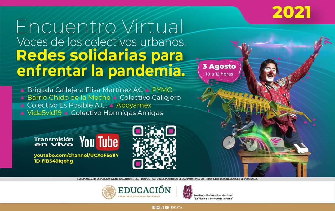 Participa en el Encuentro Virtual “Voces de los colectivos urbanos. Redes solidarias para enfrentar la pandemia” el día 3 de agosto de 2021 de 10 a 12 horas

Evento registrado en la Dirección de Formación e Innovación Educativa del IPN.

Programa:  rea.dfie.ipn.mx