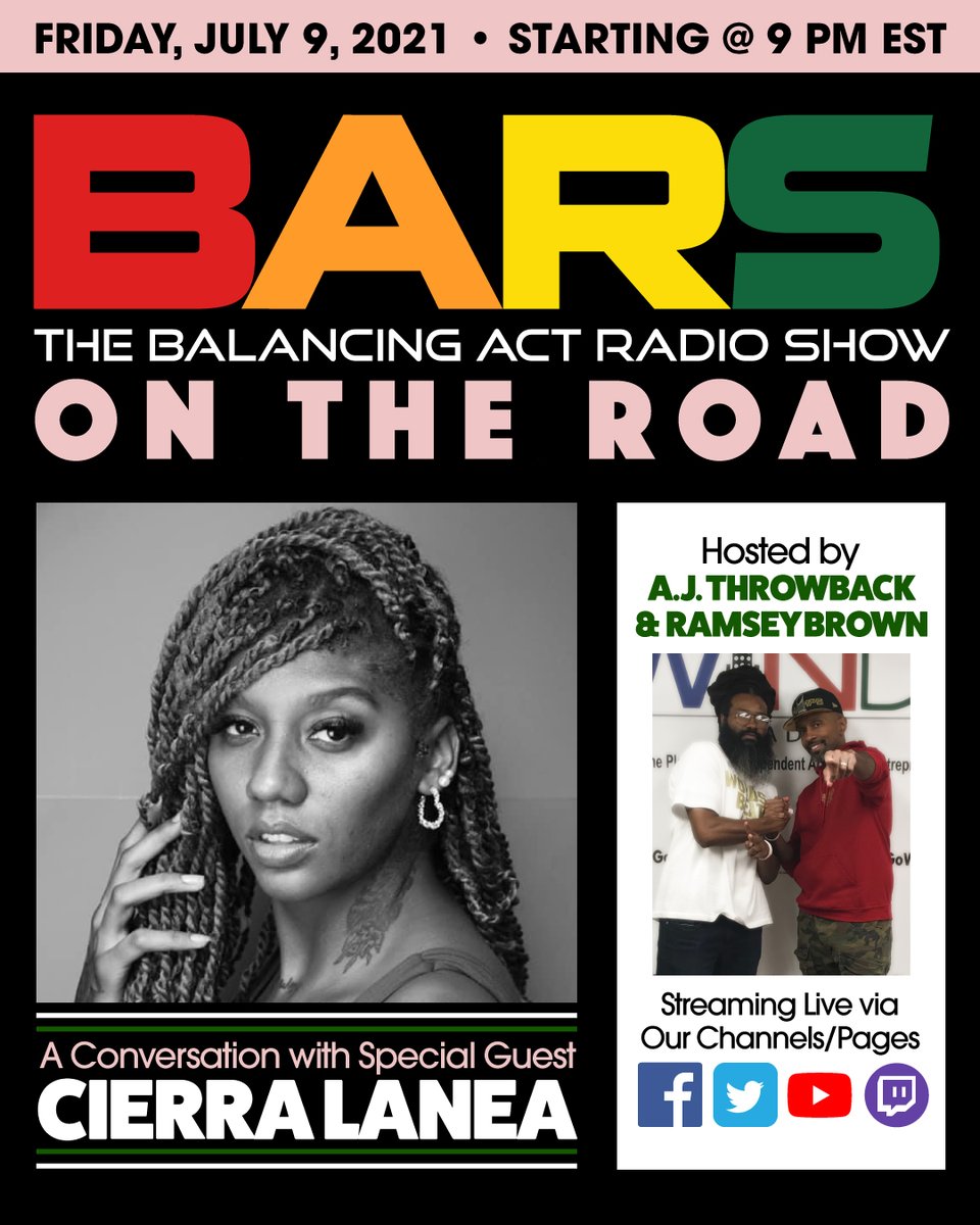 Please tune in TMRW @ 9 PM EST for #BARS #OnTheRoad #VirtualEdition w/ <a href="/AJThrowback/">A.J. Throwback</a> x <a href="/PHAR110/">Ramsey Brown</a> x special guest Cierra Lanea of <a href="/BlossomingInsp1/">Blossoming Inspiration</a> via #FacebookLive x #Periscope x #twitchstreaming x #YouTubeLive 🌸🌸🌸🌸🌸!!! #TeamBARS❤️🧡💛💚 #Motivation #inspiration #encouragement