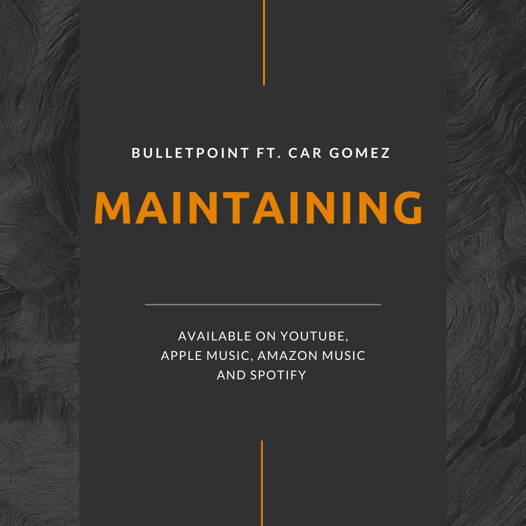 BulletpointM's tweet photo. Bulletpoint’s MAINTAINING is available on Amazon music, Spotify and Apple music🤩 PLUS a lyric video on YouTube 🔥🔥🔥🔥🔥 GO watch it and make sure you LIKE 👍 SUBSCRIBE ✅ and leave a COMMENT 💭✅ https://t.co/KDnylzLq2H. 
✅ https://t.co/XfKqzJpg2C

✅ https://t.co/DQQYo9D2ag https://t.co/qhXTK9VNql