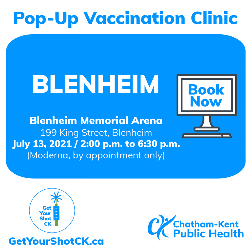 CKPublicHealth's tweet photo. ATTN: Blenheim Community. Pop Up Clinic coming to Blenheim Memorial Arena next Tuesday, July 13th! Book your appointment now! #ckont #GetYourSecondShotCK https://t.co/y4o0nd8PEG