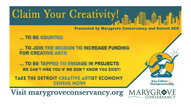 Marygrove Conservancy and <a href="/DetroitACES/">Detroit Arts, Culture & Entrepreneurship (ACE)</a> want to hear from artists and those who work in or support the Detroit arts ecosystem!

Take the survey below before July 19 and tell us how you think the City's creative workforce can be further supported!
Survey: ow.ly/Pr4850FlRlF