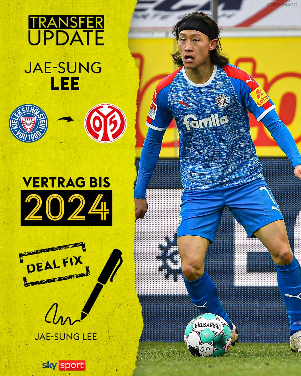 SkySportDE's tweet photo. Offiziell: Der FSV Mainz 05 hat den südkoreanischen Nationalspieler Jae-sung Lee verpflichtet.✅
Der 28-Jährige wechselt ablösefrei vom Zweitligisten Holstein Kiel nach Mainz und hat dort einen Vertrag bis 2024 unterzeichnet.✍️
#SkyBuli #TuUpdate #Mainz https://t.co/NH5an4BuOf