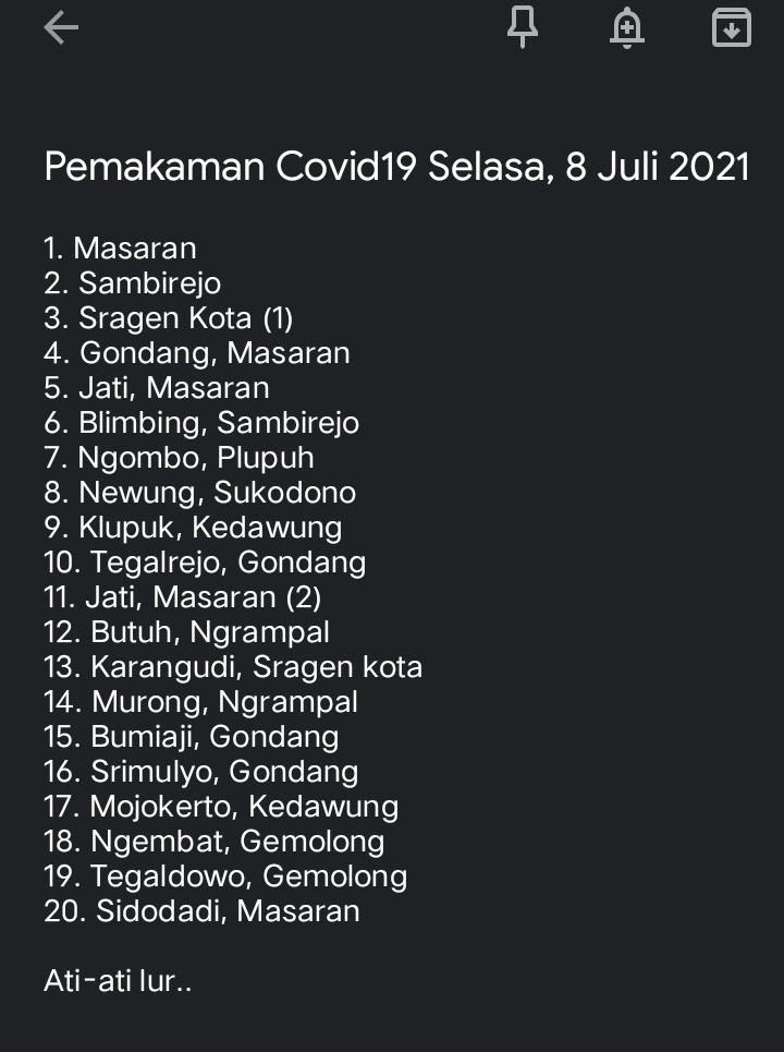 indra_agusta's tweet photo. Kamis, 8 Juli 2021 di #Sragen ada 24 pemakaman jenazah protap #COVID19. Situasi yang makin ngeri tapi orang2 gk peduli, kota dan désa tambah los. karepmulah, aku ingetin terus aja, jangan sampai sakit, sakit biasapun gk bakal ditalangi karena RS dah penuh.

#Staysafe https://t.co/fe6bJ8bdnq