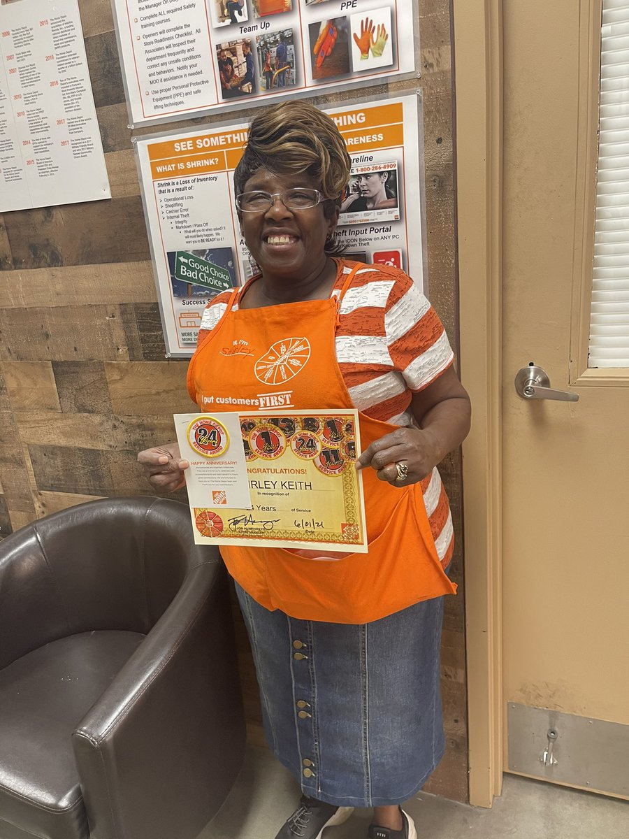 Ms Shirley has been with The Home Depot now for 24 years! I love hearing her stories! She started with us at 3907 even before the doors opened! She tells of the first time it rained and they had Homer Buckets everywhere! She’s a hoot! Thank you for your 24 years of dedication! 🧡