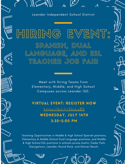 Leander ISD, a PK-12 Public School District just north of Austin, TX, is hosting a Virtual Hiring Event for Spanish, Dual Language, and ESL teaching positions!

Date: Wednesday, July 14, 2021
Time: 3:30PM-5:00PM
Registration Link: bit.ly/3hsLeB2

<a href="/UNTDallas/">UNT Dallas</a> @UNTDcareers