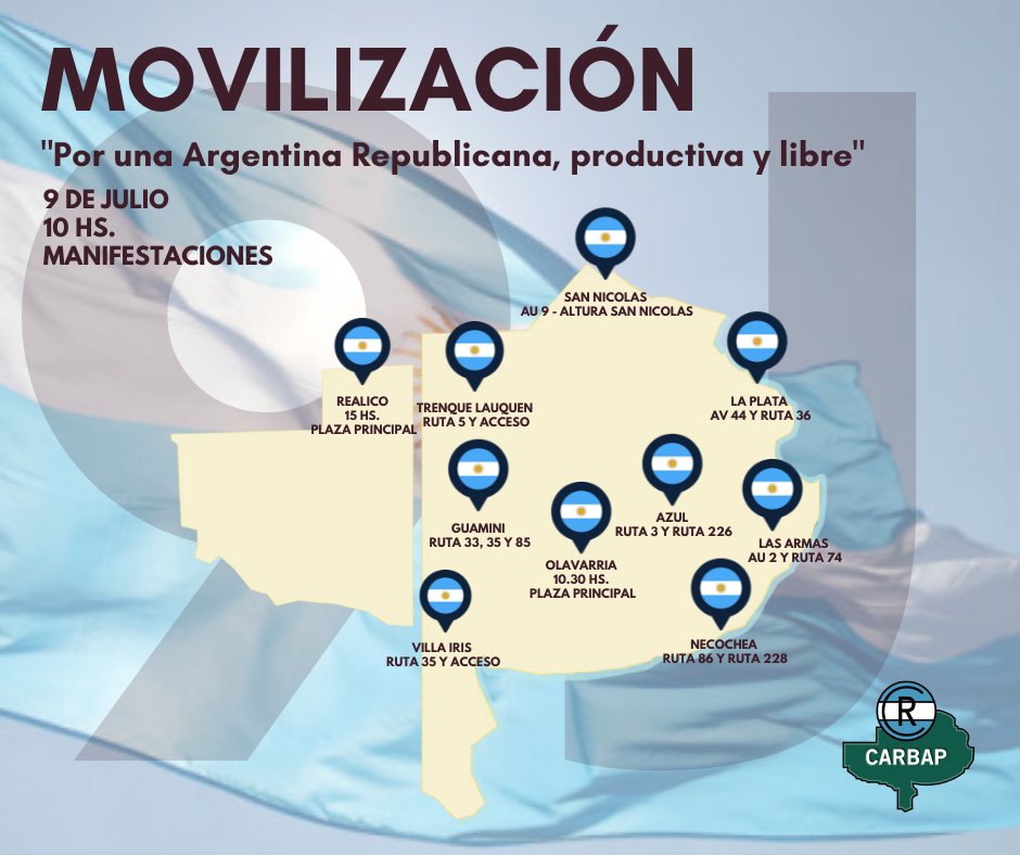 CARBAP_ARG's tweet photo. #9J #9JCARBAP 

Mañana nos encontramos en:

🇦🇷 San Nicolás
🇦🇷 La Plata
🇦🇷 Las Armas
🇦🇷 Azul
🇦🇷 Necochea
🇦🇷 Olavarría
🇦🇷 Guamini
🇦🇷 Villa Iris
🇦🇷 Trenque Lauquen
🇦🇷 Realico 

Lleva tu celeste y blanca al punto más cercano 📍

"Por una Argentina Republicana, Productiva y Libre" https://t.co/3MbbmKyjUQ