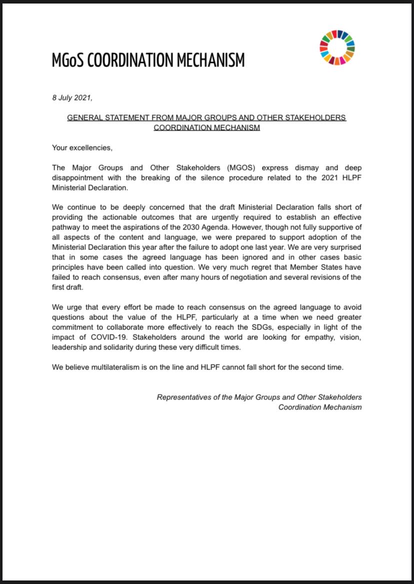 NGO Major Group (@ngomajorgroup) on Twitter photo The Major Groups and Other Stakeholders (MGOS) express dismay and disappointment with the breaking of the silence procedure related to the #HLPF2021 Ministerial Declaration.
<a href="/UNMGCY/">MGCY</a> <a href="/MexOnu/">Misiรณn de Mรฉxico ONU</a> <a href="/AfricanUnionUN/">African Union Mission to the UN</a> <a href="/ArgentinaUN/">Argentina en ONU ๐ฆ๐ท๐บ๐ณ</a> <a href="/BangladeshUN1/">Bangladesh@UN</a> <a href="/Chinamission2un/">Chinese Mission to UN</a> <a href="/USUN/">U.S. Mission to the UN</a> <a href="/CanadaUN/">Canada Mission UN</a> <a href="/SLUNNewYork/">Sri Lanka at UN, NY</a> The Major Groups and Other Stakeholders (MGOS) express dismay and disappointment with the breaking of the silence procedure related to the #HLPF2021 Ministerial Declaration.
<a href="/UNMGCY/">MGCY</a> <a href="/MexOnu/">Misiรณn de Mรฉxico ONU</a> <a href="/AfricanUnionUN/">African Union Mission to the UN</a> <a href="/ArgentinaUN/">Argentina en ONU ๐ฆ๐ท๐บ๐ณ</a> <a href="/BangladeshUN1/">Bangladesh@UN</a> <a href="/Chinamission2un/">Chinese Mission to UN</a> <a href="/USUN/">U.S. Mission to the UN</a> <a href="/CanadaUN/">Canada Mission UN</a> <a href="/SLUNNewYork/">Sri Lanka at UN, NY</a>