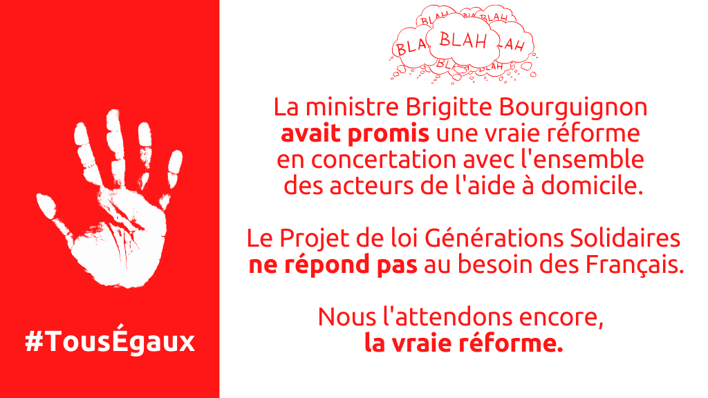 .<a href="/BrigBourguignon/">Brigitte Bourguignon</a>, vous aviez annoncé un grand #SegurDuDomicile, qu'en est-il ???
A la place, nous avons le droit à un petit PJL #GénérationsSolidaires, fait sur un coin de table, sans écouter les réalités du terrain.
Nos aides à domicile ont besoin de reconnaissance.
#TousEgaux