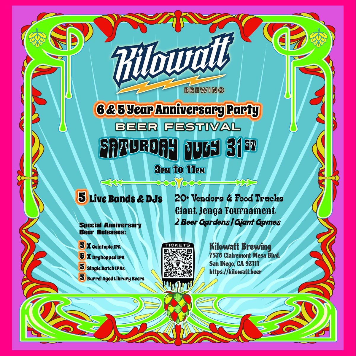 kilowattbeer's tweet photo. Kilowatt Brewing 6th &amp; 5th Anniversary Party Beer Festival: July 31, 2021 from 3 pm-11 pm in Kearny Mesa!

Our 5th anniversary party got kyboshed in 2020, so we're throwing a huge bash to celebrate both our 5th &amp; 6th year anniversaries!  Tickets available now follow the QR code! https://t.co/e7aa4Ijw8Z