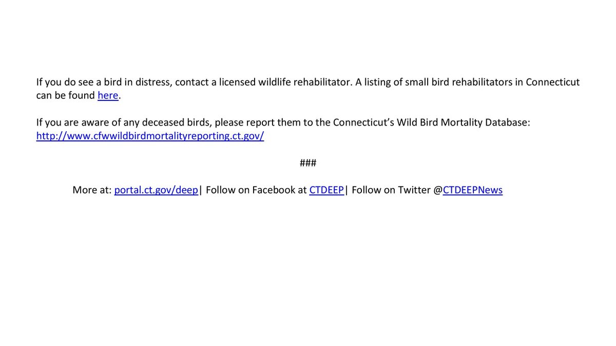 DEEP is alerting residents to a mortality event occurring in parts of the United States among certain species of fledgling songbirds, and asking residents to take certain precautionary measures, including taking down feeders.
More info: portal.ct.gov/DEEP/News-Rele…