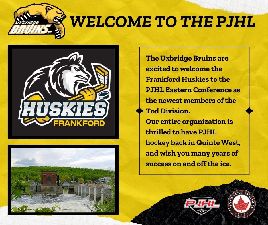 Uxbridge Bruins (@uxbridgebruins) on Twitter photo The #Bruins are thrilled to welcome <a href="/FrankfordJrC/">Frankford Huskies</a> to the <a href="/PJHLOntario/">PJHL</a> #EasternConference this season. We wish you many years of success on and off the ice. <a href="/OHAhockey1/">Ontario Hockey Association</a> The #Bruins are thrilled to welcome <a href="/FrankfordJrC/">Frankford Huskies</a> to the <a href="/PJHLOntario/">PJHL</a> #EasternConference this season. We wish you many years of success on and off the ice. <a href="/OHAhockey1/">Ontario Hockey Association</a>