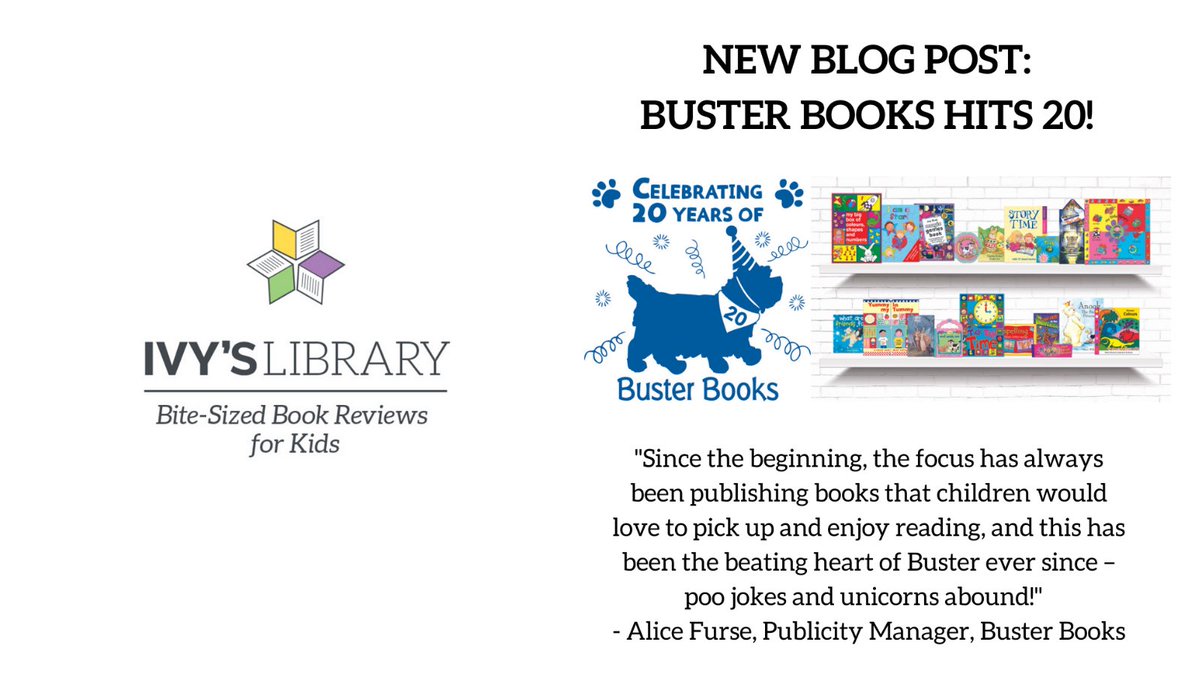ivyslibrary's tweet photo. @BusterBooks are 20 years old today!

To celebrate we have a fab new feature over on the blog, in which Publicity Manager Alice Furse looks back on the last 20 years and gives us a sneak peek at some upcoming titles.

https://t.co/VbYt1O25Gt

@OMaraBooks https://t.co/gVCS3tJiGd