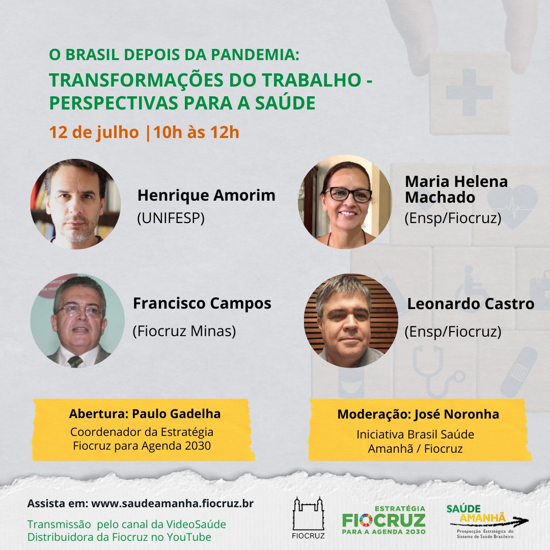 #Agenda Na segunda (12/7), vai acontecer seminário da iniciativa <a href="/SaudeAmanha/">Brasil Saúde Amanhã</a>, às 10h, no canal da <a href="/videosaude/">VideoSaúde | Fiocruz</a>: bit.ly/3AIc0gk. Não perca!

<a href="/unifesp/">Unifesp</a> <a href="/ensp/">ENSP/Fiocruz</a> <a href="/fiocruzminas/">Fiocruz Minas</a> <a href="/Icict_Fiocruz/">Icict_Fiocruz</a> <a href="/fiocruz/">Fiocruz</a>
#fiocruz #pandemia #COVID19 #live #trabalho #Saude