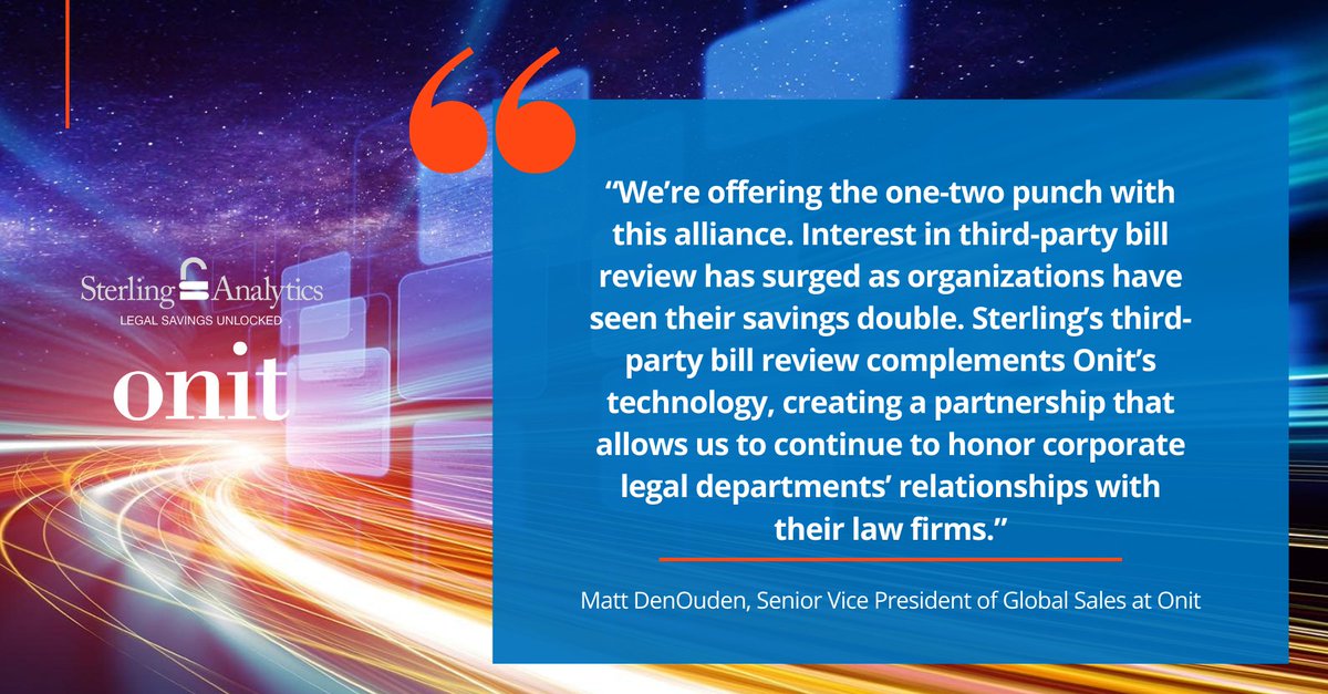 OnitApps's tweet photo. We are excited to join Sterling Analytics (@legalfees) in a #strategicalliance to offer third-party legal #invoicereview for #corporatelegal departments of all sizes. 🤩 

Read more: https://t.co/ynuM4JOQLU. https://t.co/qAGpLLgkv8