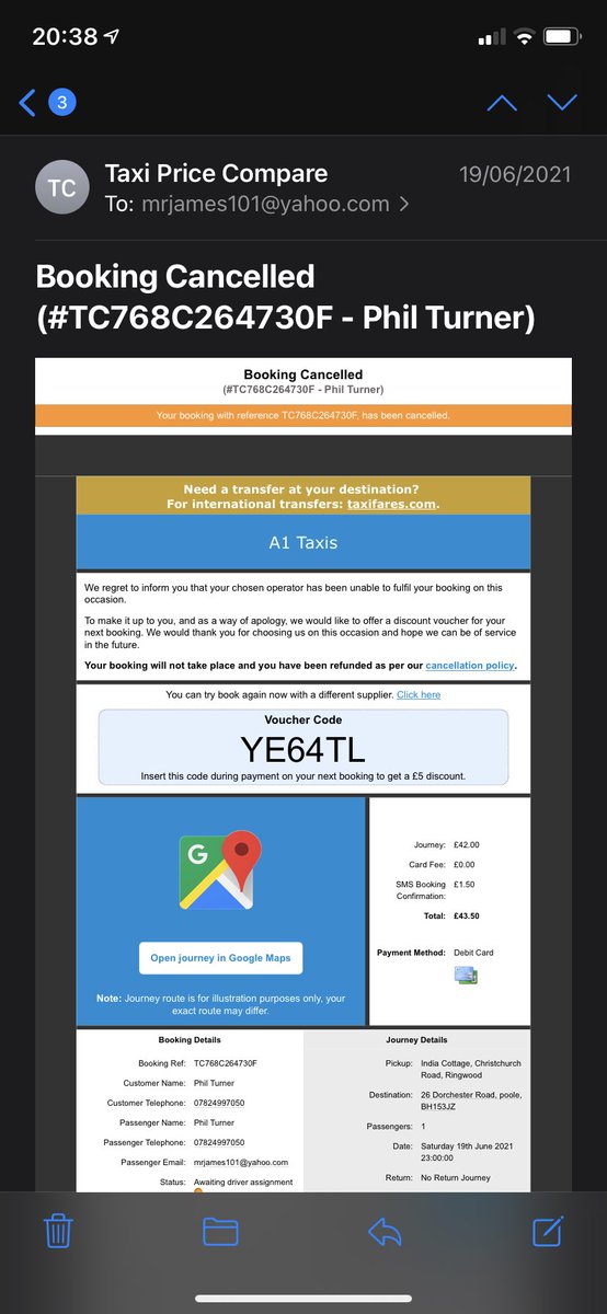 Never use a company callled Taxicode. They’re a price comparison taxi service. You book, they take your money, then cancel by email and never refund you.