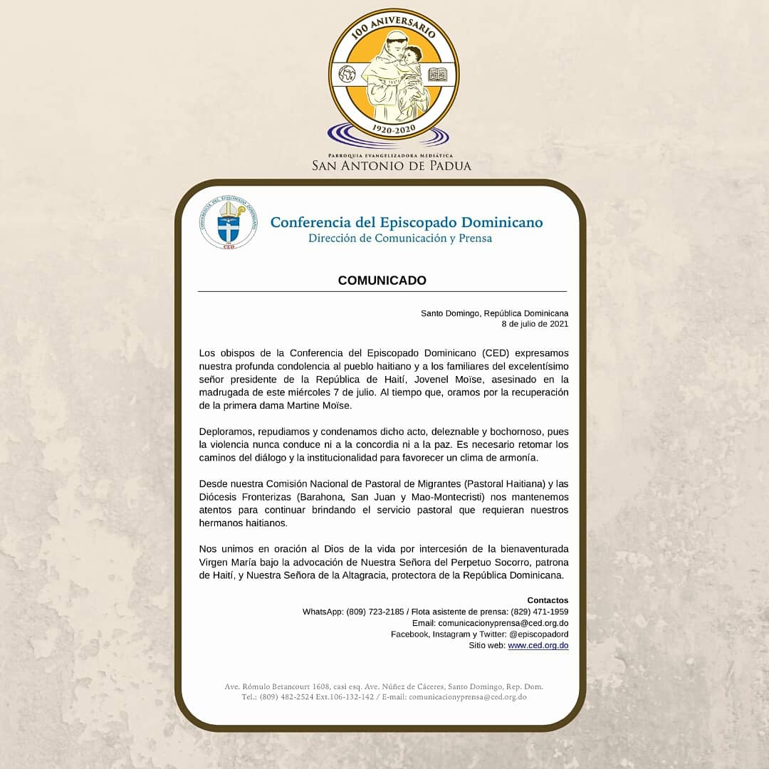 sanantoniortv's tweet photo. Comunicado de la comunidad de Obispos de la República Dominicana, expresan condolencias al pueblo haitiano.
#SanAntoniortv #ObisposRD #Comunicado #PrayforHaití https://t.co/IuYQF7Ygr0