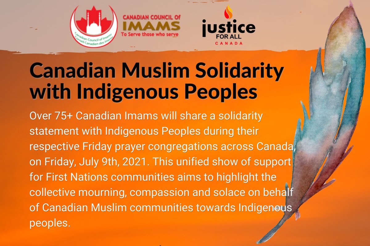 Justice for All Canada (@justiceforallcn) on Twitter photo Tomorrow, July 9th—Canadian #Muslim Imams who will read a solidarity statement for Indigenous communities during their khutba congregations nationwide. Religious leadership acknowledging the #Indigenous genocide is essential to #reconciliation Statement➡️ow.ly/Nfu650Fs2ES Tomorrow, July 9th—Canadian #Muslim Imams who will read a solidarity statement for Indigenous communities during their khutba congregations nationwide. Religious leadership acknowledging the #Indigenous genocide is essential to #reconciliation Statement➡️ow.ly/Nfu650Fs2ES