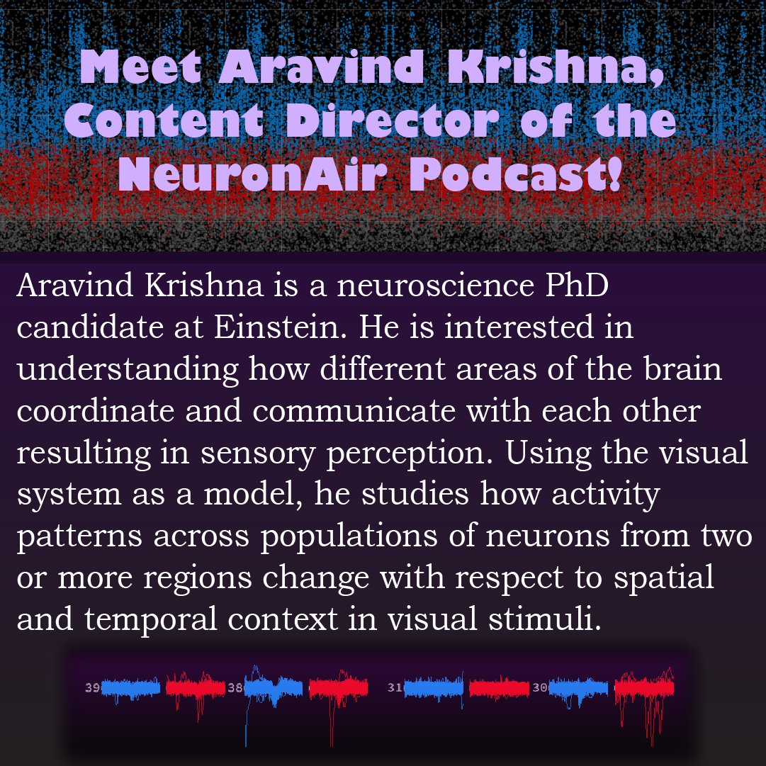 neuronaircast's tweet photo. Meet @dnivarakrishna, our insightful and supportive content director! He is a graduate student at @EinsteinMed #neuroscience, where he studies how the circuits of the brain make sense of the visual world. Read more at https://t.co/Y1Zmxm8mbF #MenInSTEM #podcaster https://t.co/eMmTNwFBg4