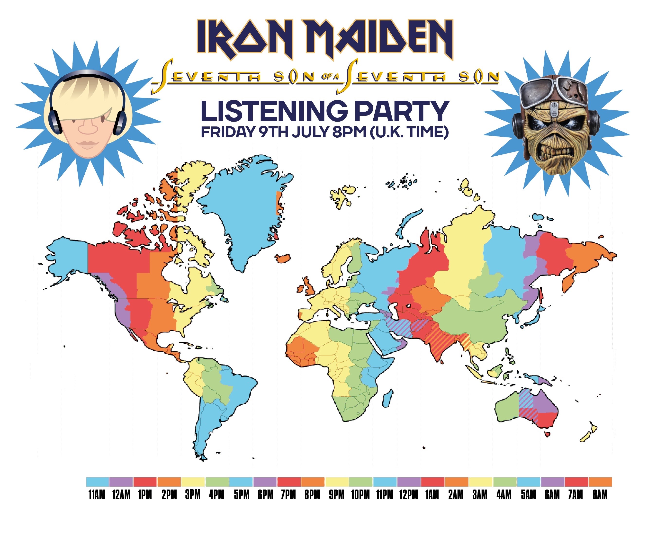 Maiden on Twitter: "Time zone map for Friday's @LlSTENlNG_PARTY ... Join us at 8pm BST with your vinyl, cassette, CD or ready go - or you can always