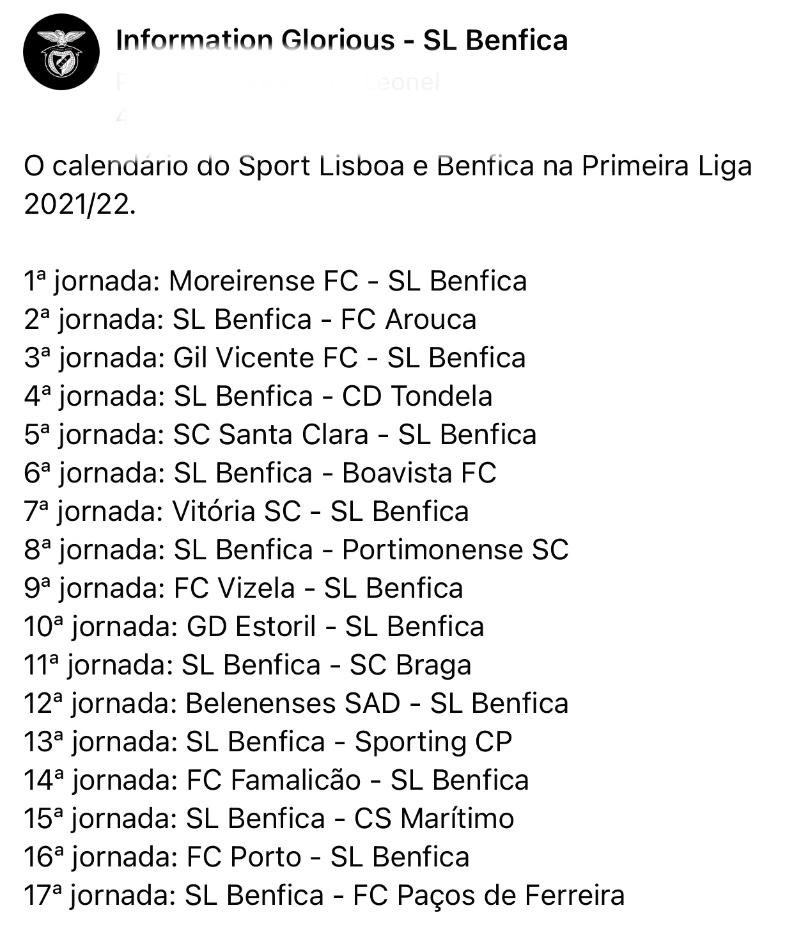 Benfica Liga Campeões Calendário Jogos Futebol - SL Benfica