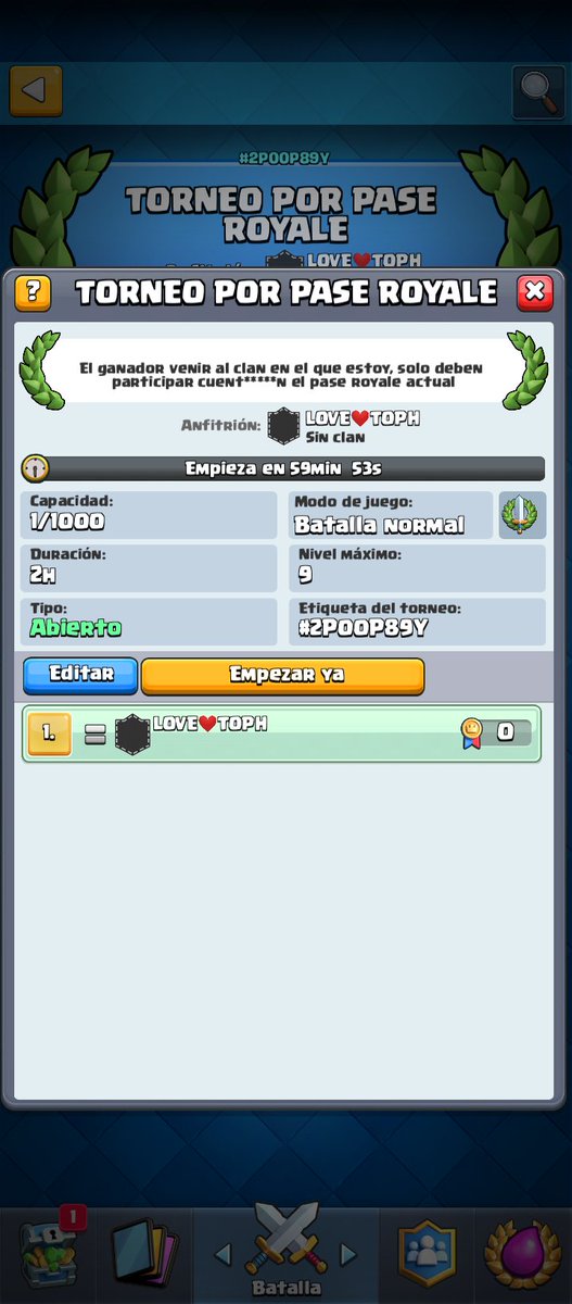 TOURNAMENTSTAR's tweet image. Ya está creado el torneo por pase royale, recordar que solo deben participar cuentas que no tengan el pase royale actual (no haré caso a reclamos posteriores).
El ganador deberá entrar al clan en el que me encuentro.
Inicio del torneo: 16:00 pm 🇲🇽
Duración: 2 horas
Éxitos!!😉😉