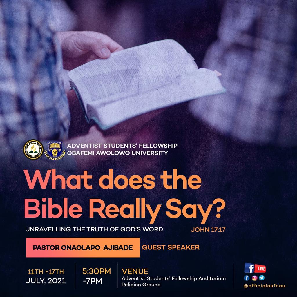 officialasfoau's tweet photo. For every page of the Bible you open, there's a truth to be beheldππ€
In this One Week Spiritual Emphasis program, we will seek to dive into the truth that dwells in this beautiful book πof lifeπ
Join us and Be BlessedππππΎ
#ASF_OAU #OAUTwitter #OAU https://t.co/gevkK7Bf2R