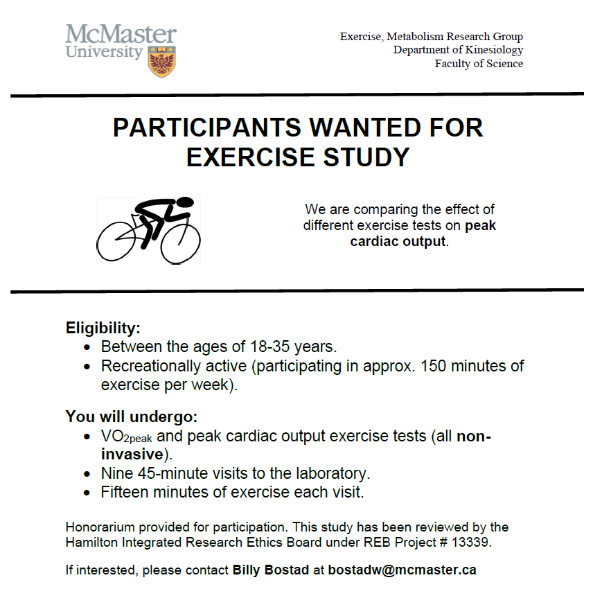 billybostad's tweet photo. People of Hamilton!

I'm looking for participants to come to the lab at McMaster and do some exercise tests. You get a VO2peak test out of it and $70.

Send me a DM or email me at bostadw@mcmaster.ca. Your participation is greatly appreciated! https://t.co/A9B554K2dy