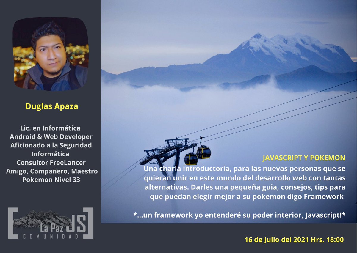 LaPazJs's tweet image. Tenemos el agrado de invitar a este gran evento "Hola Javascript" con el fin de compartir el conocimiento.
El evento será online y será de libre acceso. Se llevará a cabo el día 16 de Julio - Hrs 18:00
#javascript #nodejs #javascriptdeveloper
Link Meetup
meetup.com/LaPazjs/events…