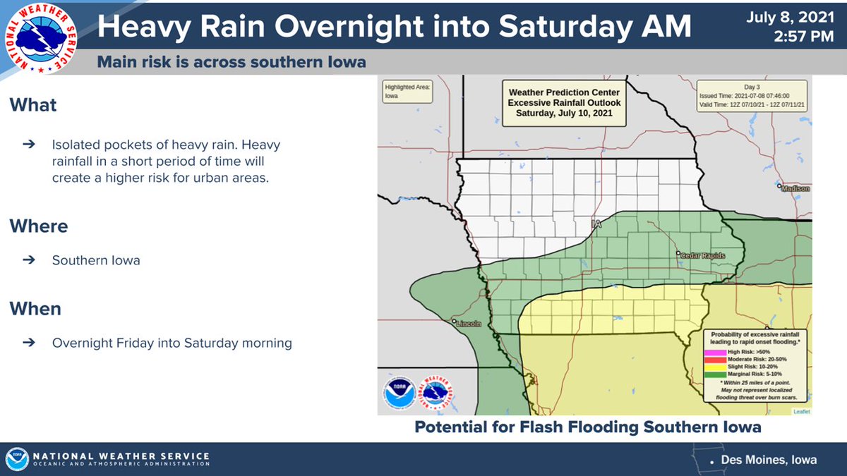 ⚡ There is an ENHANCED risk (level 3 of 5) for severe storms on Friday. Hail (over golf ball sized), Damaging winds (over 75 mph), and tornadoes are all possible.

💧 Late Friday this will transition to a heavy rain event with isolated flash flooding possible south. #iawx