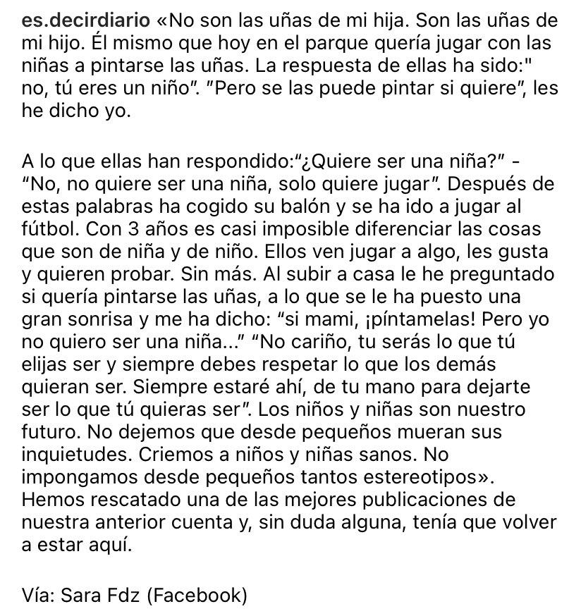 esdecirdiario's tweet photo. «No son las uñas de mi hija. Son las uñas de mi hijo. Él mismo que hoy en el parque quería jugar con las niñas a pintarse las uñas. La respuesta de ellas ha sido:" no, tú eres un niño”. ”Pero se las puede pintar si quiere”, les he dicho yo». https://t.co/liaX8gpAV8
