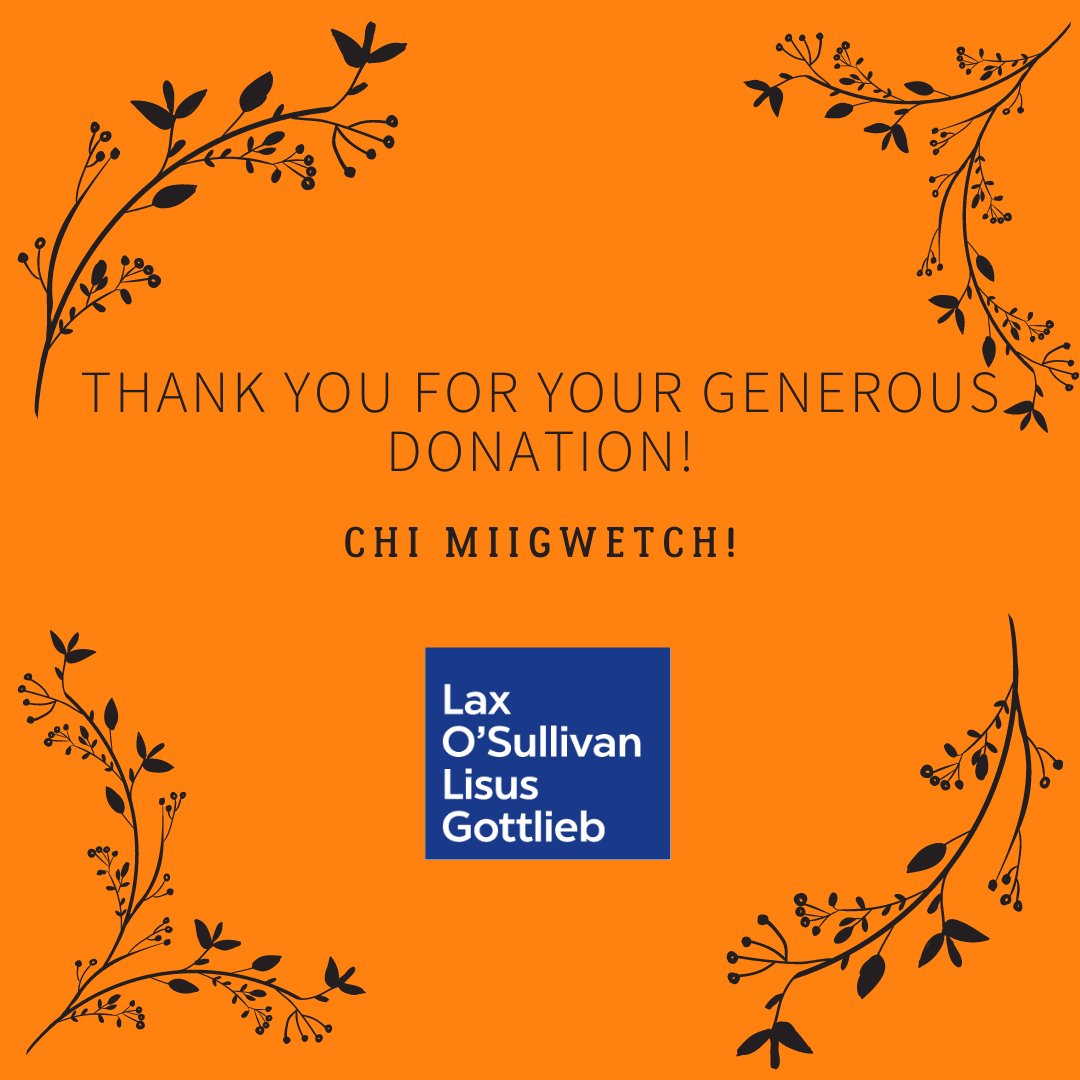 Many thanks to the renowned and accomplished law firm <a href="/LaxOSullivan/">Lax O'Sullivan Lisus Gottlieb LLP</a> for their generous donation to Native Child and Family Services of Toronto and supporting our philanthropic initiative via Indigenous Spirit Fund. Miigwetch🧡 

#NCFST #IndigenousSpiritFund #IndigenousCommunity