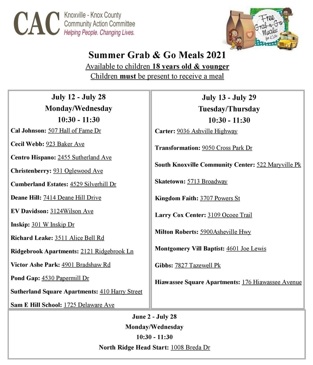 KnoxNutrition's tweet photo. Grab-and-go meals are available starting July 12 for age 18 and younger. Each meal kit includes breakfast, lunch and beverages. See schedule for days, times and locations. Children must be present to get the meals. You don’t have to schedule in advance for the curbside pickup. https://t.co/tVfK0RMDAd