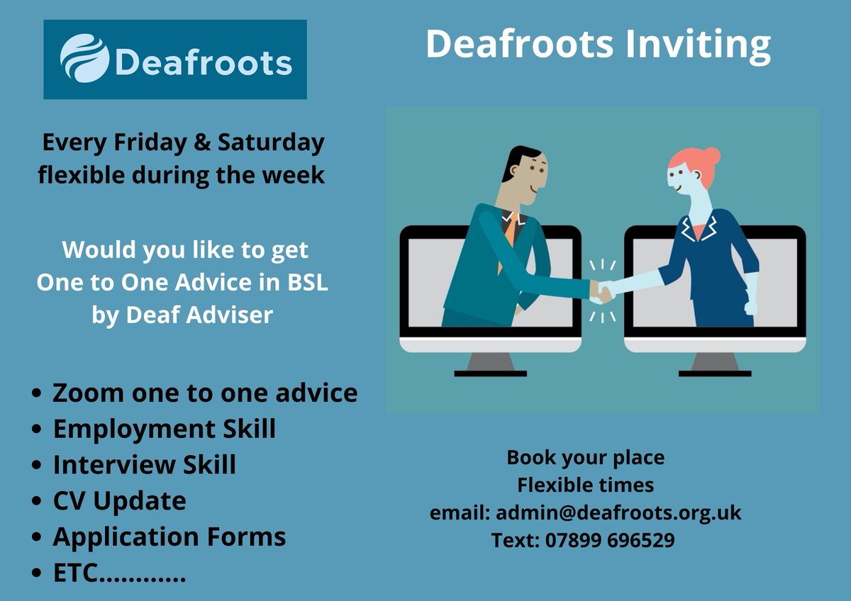 #Employment #jobsearch #interviewtechniques #careeradvice available with full #BSL  support

#Deaf 
<a href="/DEWA_UK/">Deaf Ethnic Women’s Association</a> <a href="/deafPLUS_UK/">deafPLUS_UK</a> <a href="/deafapprentice/">Deaf Apprentice</a>