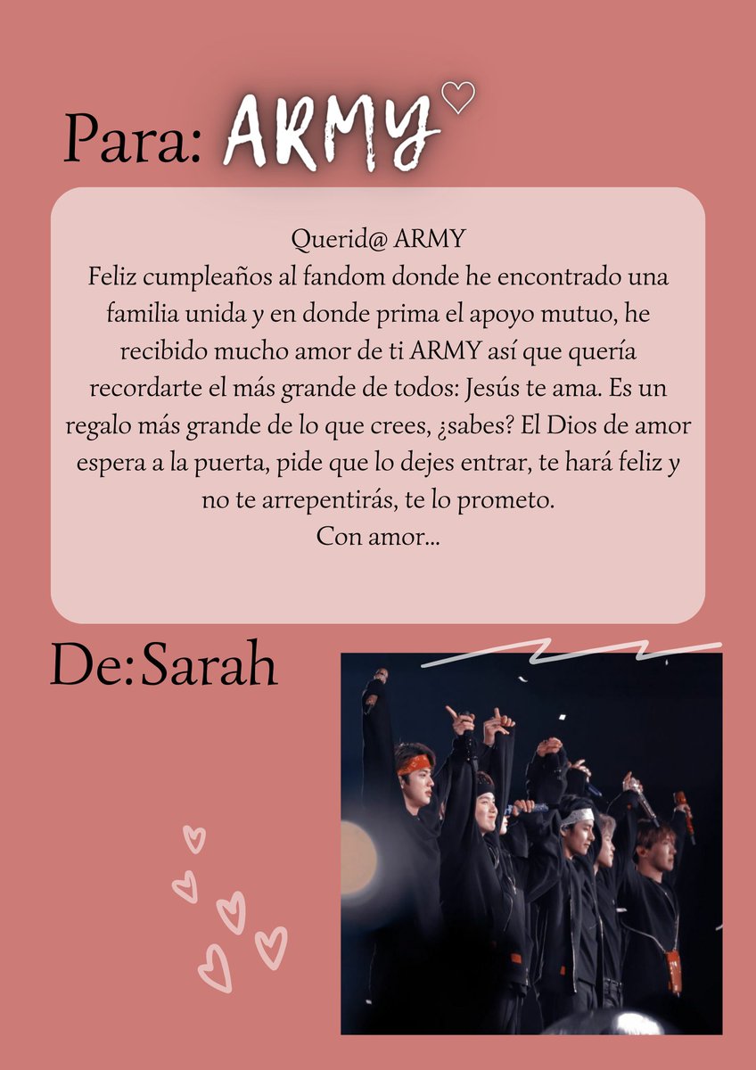 Jeonstar3's tweet photo. #Letterforarmy #HBD_TO_ARMY #BTSARMY #BTS #ARMY_Playlist #ArmyFlyWithBTS #ARMYDay #HappyBirthdayToARMY #๋ฐฉํ์๋
๋จ
Un mensaje para ti ARMY, con mucho amor ๐ https://t.co/r6yNhxYL8M