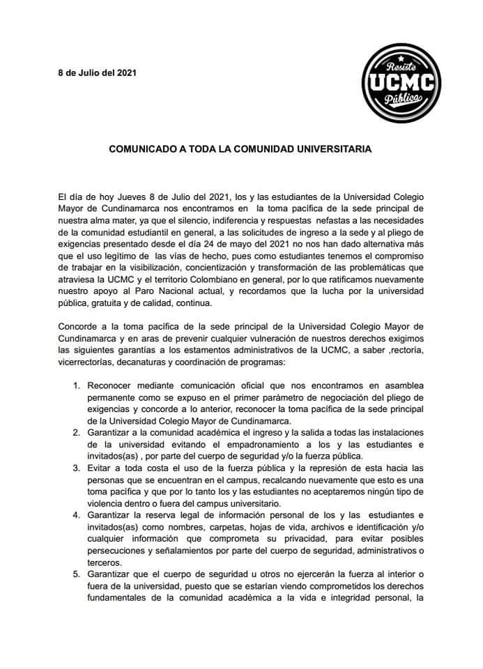 C_davidmarin's tweet photo. La Universidad Colegio Mayor de Cundinamarca (UCMC) se encuentra en toma pacífica de las instalaciones principales de la Universidad. Sus exigencias giran en torno a: la alternancia universitaria, acceso a la Sede actualmente, situaciones de género y matrícula 0 y financiamiento. https://t.co/kUtaUWz3Zd